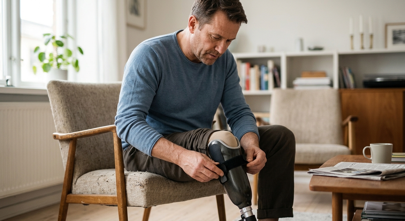 Person with a prosthetic leg practicing walking to rebuild daily independence after an amputation.