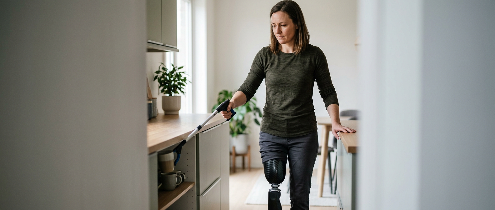 Person with a prosthetic leg practicing walking to rebuild daily independence after an amputation.