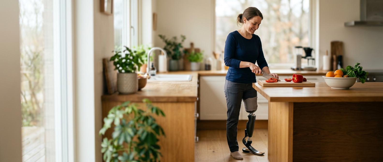 Person with a prosthetic leg practicing walking to rebuild daily independence after amputation.