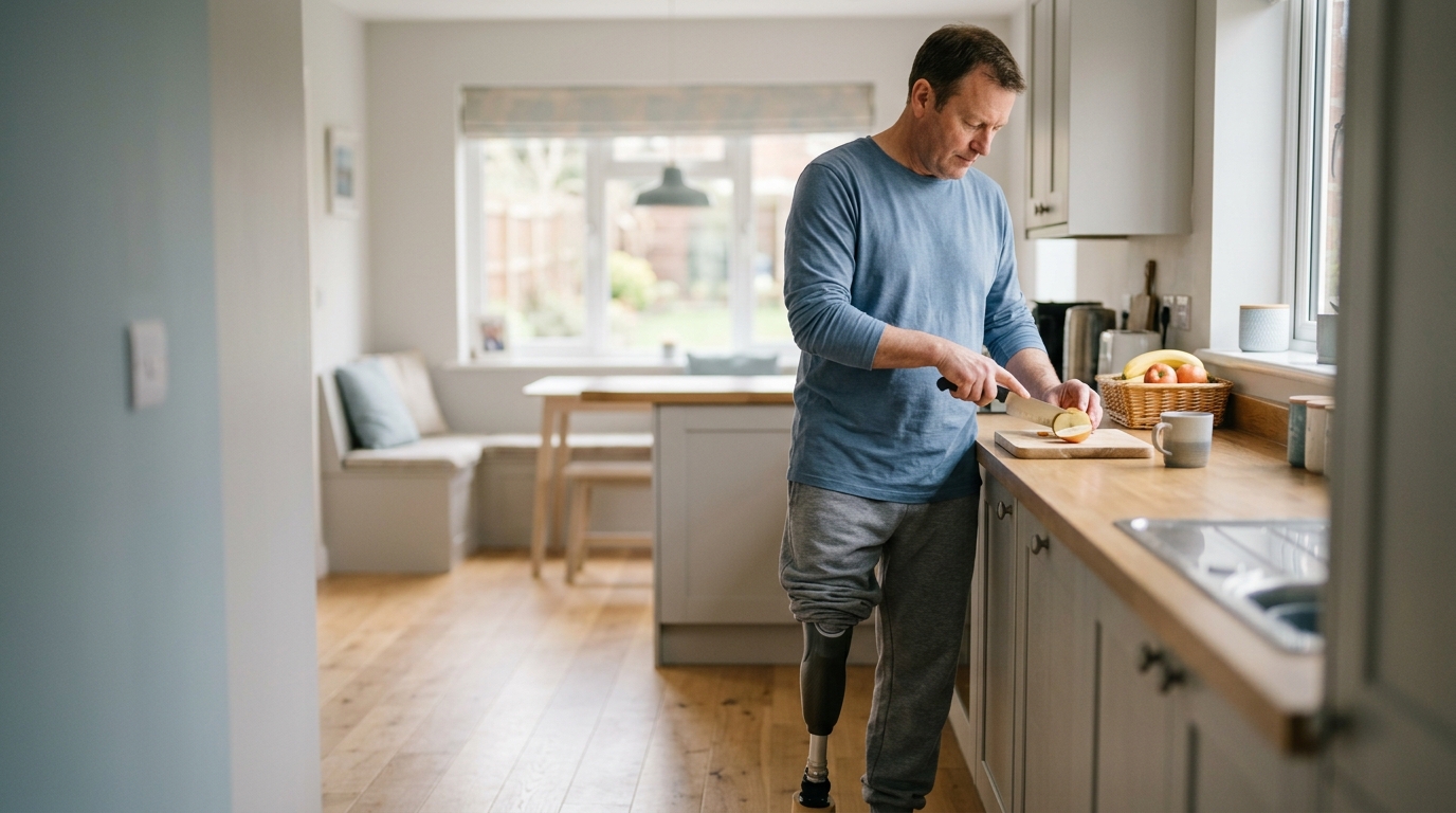 Person with a prosthetic leg practicing walking to rebuild daily independence after amputation.