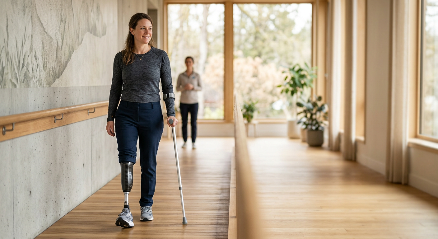 Person with a prosthetic leg practicing walking to rebuild daily independence after an amputation.