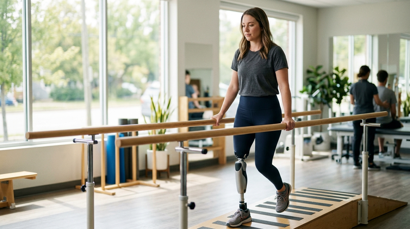 Person with a prosthetic leg practicing walking to regain daily independence after an amputation.