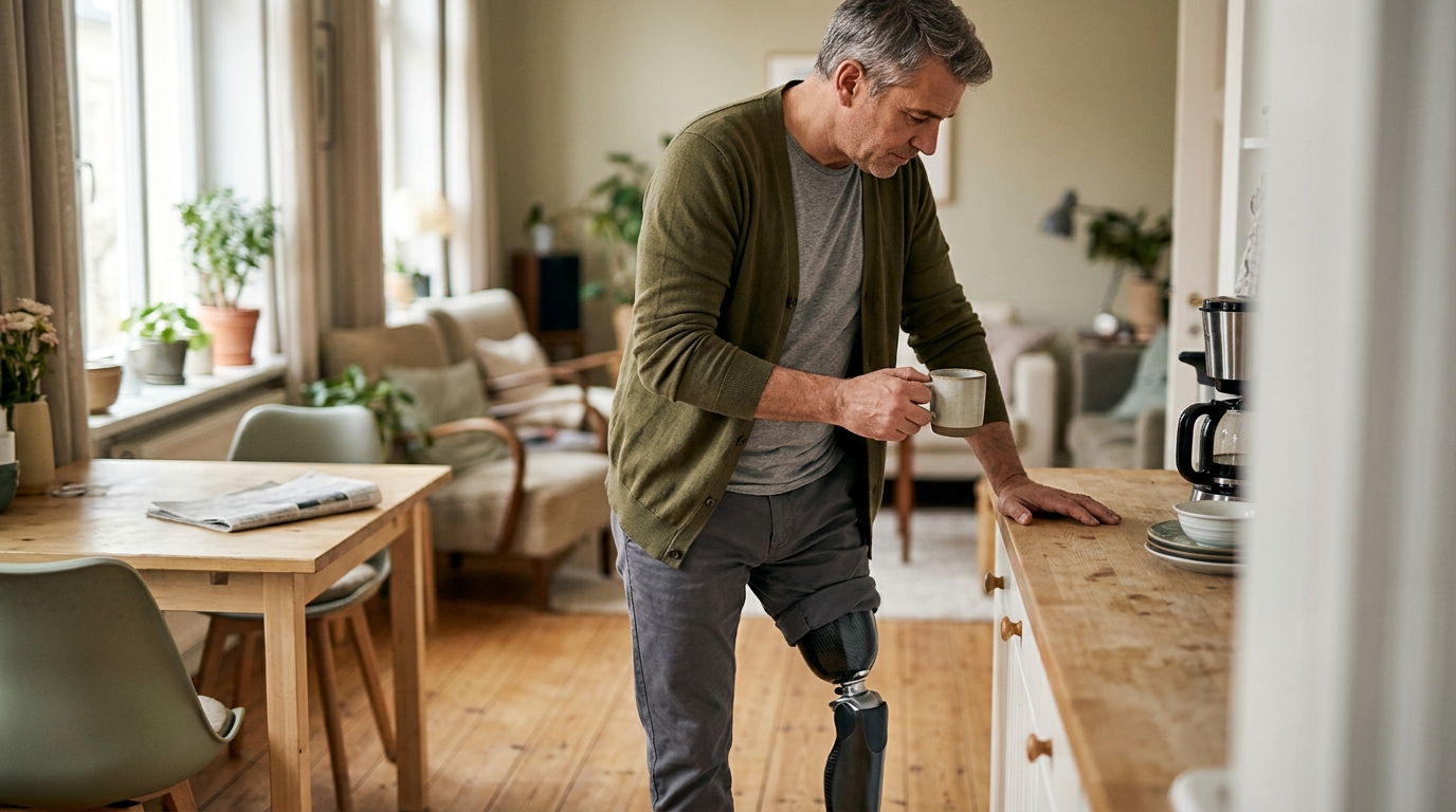 Person with a prosthetic leg practicing walking to regain daily independence after an amputation.