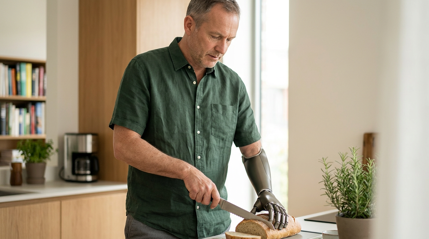 Person with a prosthetic leg practicing walking to regain daily independence after an amputation.