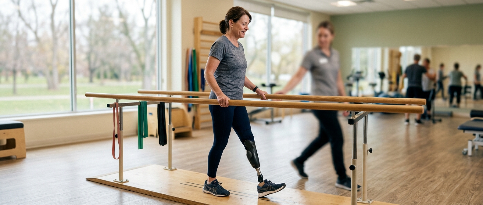 Person with a prosthetic leg practicing walking to regain daily independence after amputation.