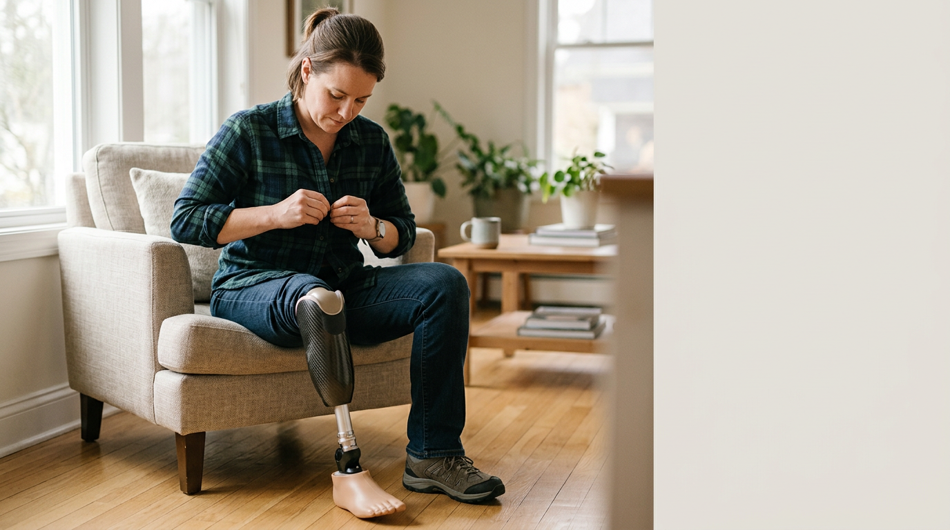 Person with a prosthetic leg practicing walking to regain daily independence after an amputation.