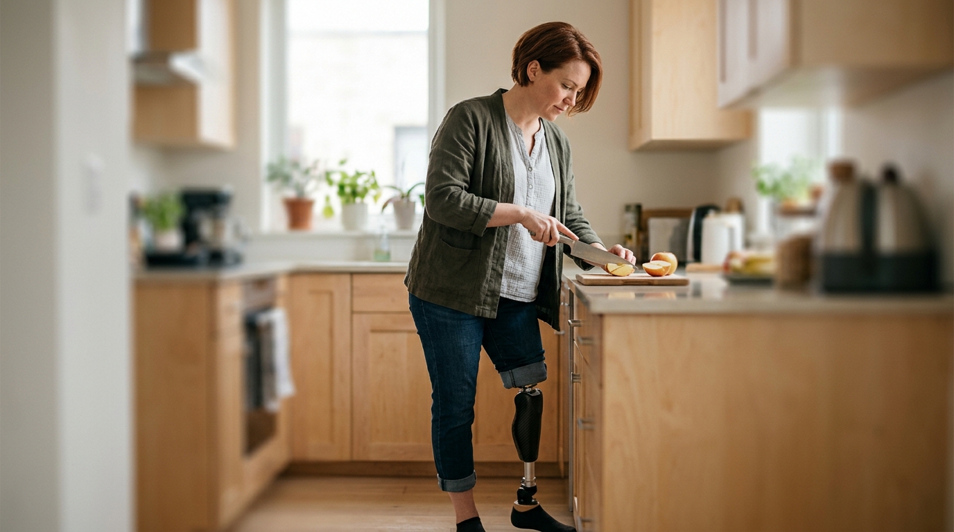 Person with a prosthetic leg practicing walking to regain daily independence after an amputation.