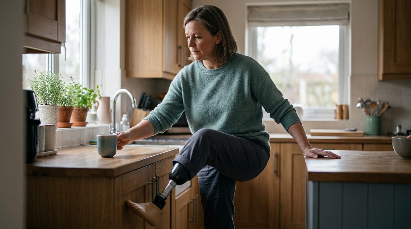 Person with a prosthetic leg practicing walking to regain daily independence after an amputation.