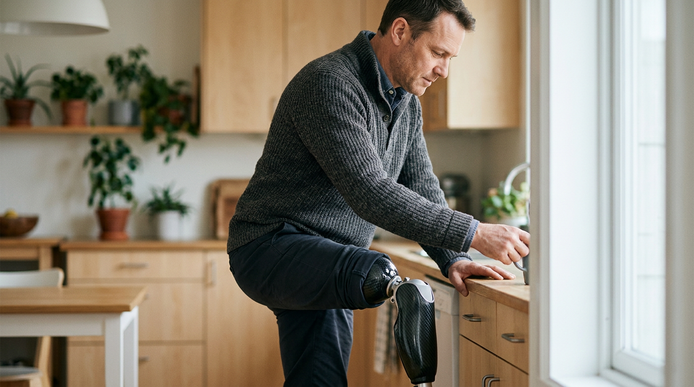 Person with a prosthetic leg practicing walking to regain daily independence after an amputation.