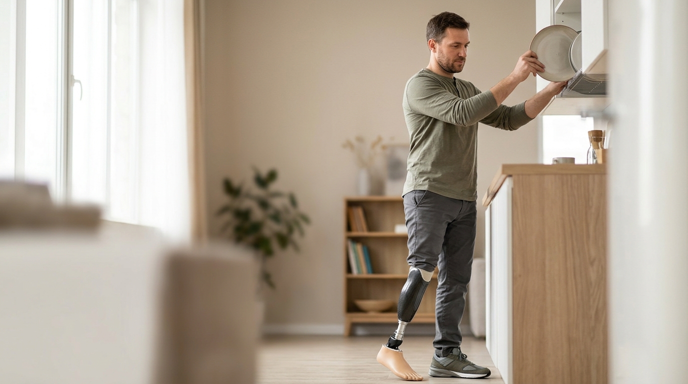 Person with a prosthetic leg practicing walking to regain daily independence after amputation.