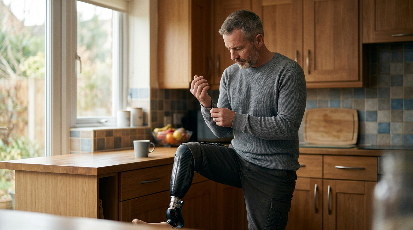 Person with a prosthetic leg practicing walking to regain daily independence after an amputation.