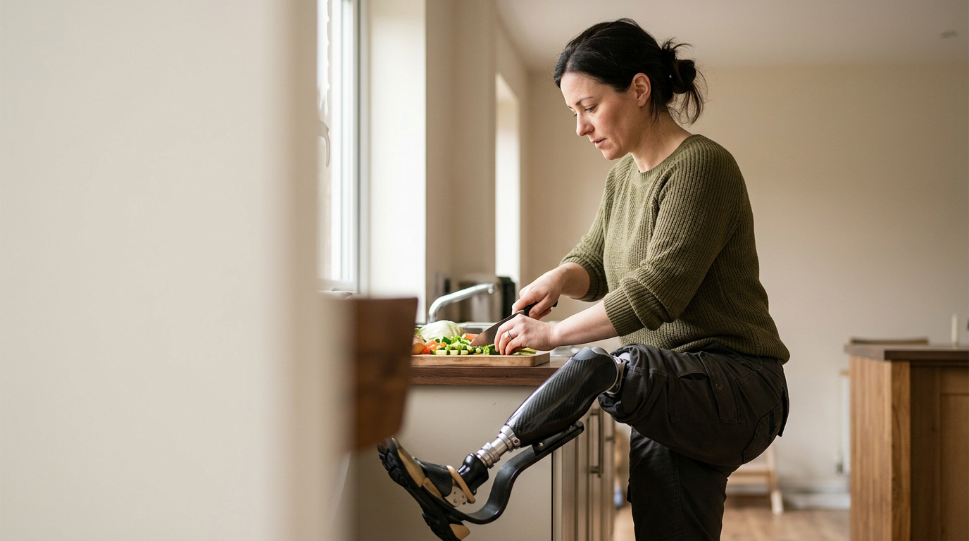Person with a prosthetic leg practicing walking to regain daily independence after an amputation.