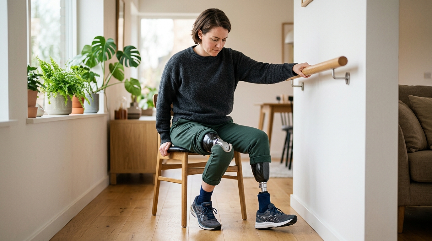 Person with a prosthetic leg practicing walking to regain daily independence after an amputation.