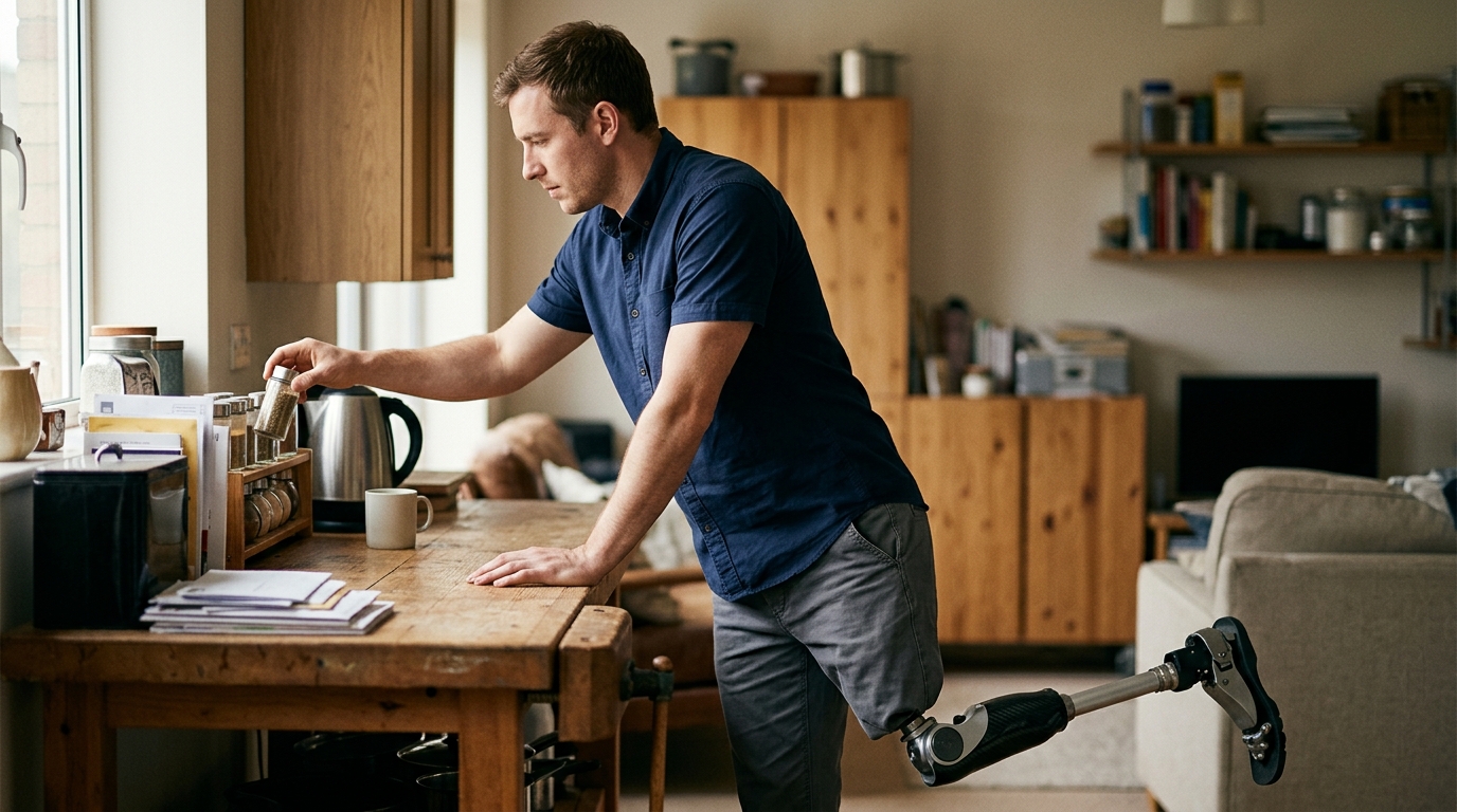 Person with a prosthetic leg practicing walking to regain daily independence after an amputation.
