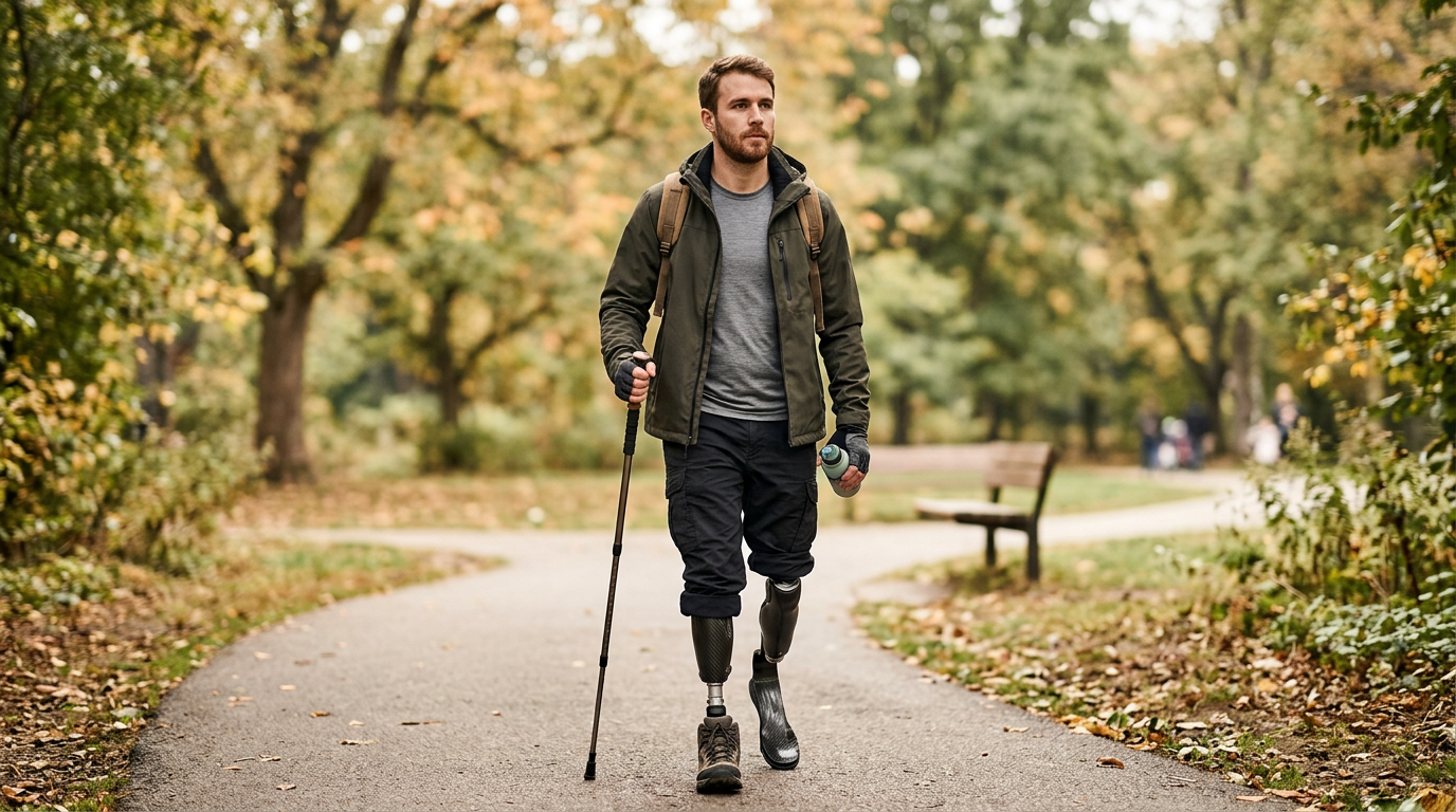 Person with a prosthetic leg practicing walking to regain daily independence after amputation.