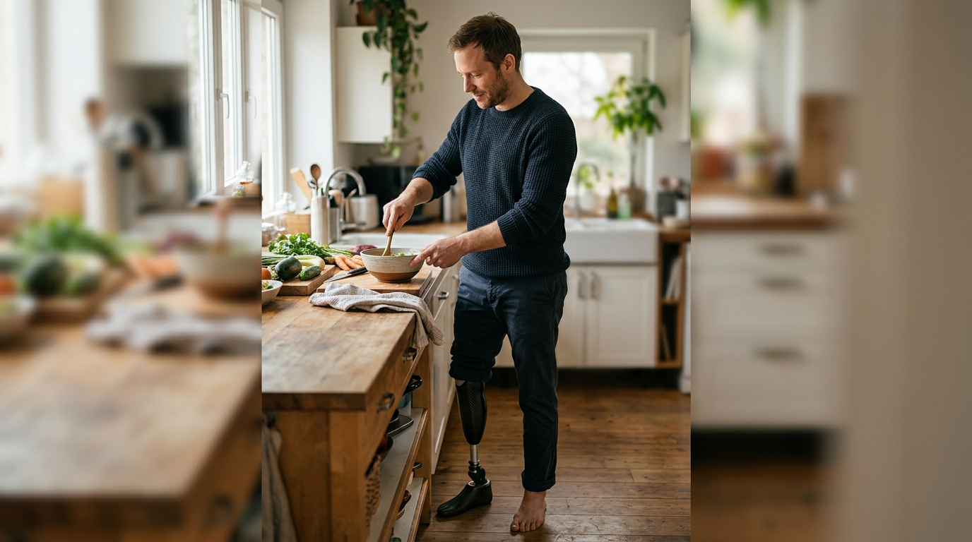 Person with a prosthetic leg practicing walking to regain daily independence after amputation.