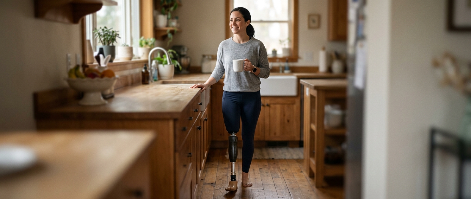 Person with a prosthetic leg practicing walking to regain daily independence after an amputation.