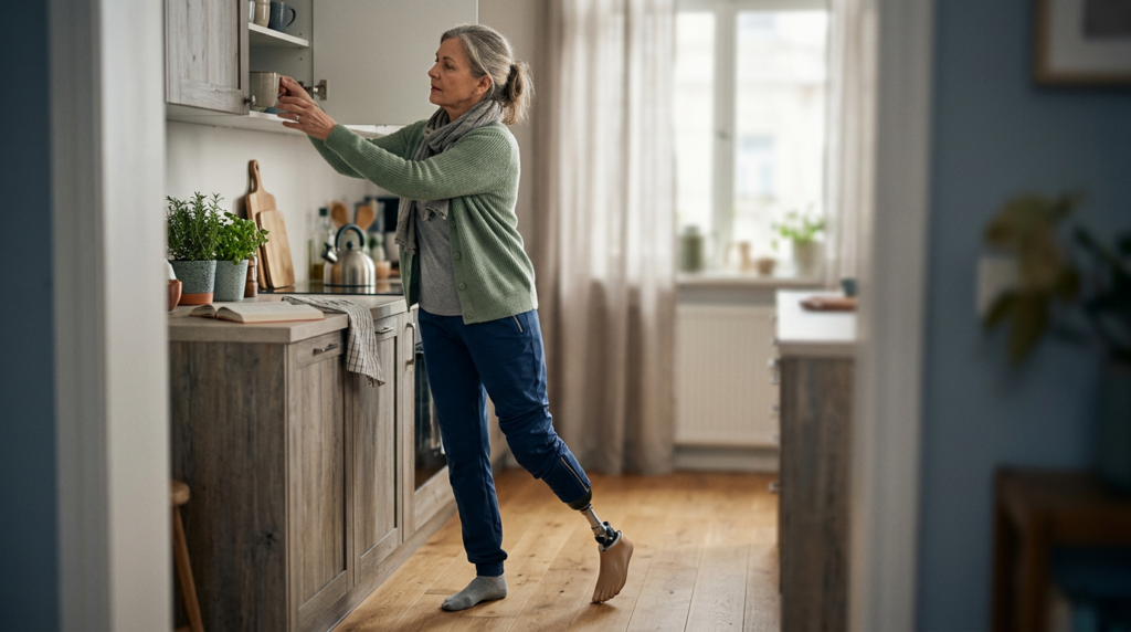 Person with a prosthetic leg practicing walking to regain daily independence after amputation.