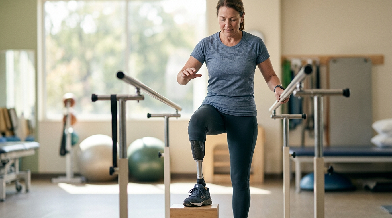 Person with a prosthetic leg practicing walking to regain daily independence after an amputation.