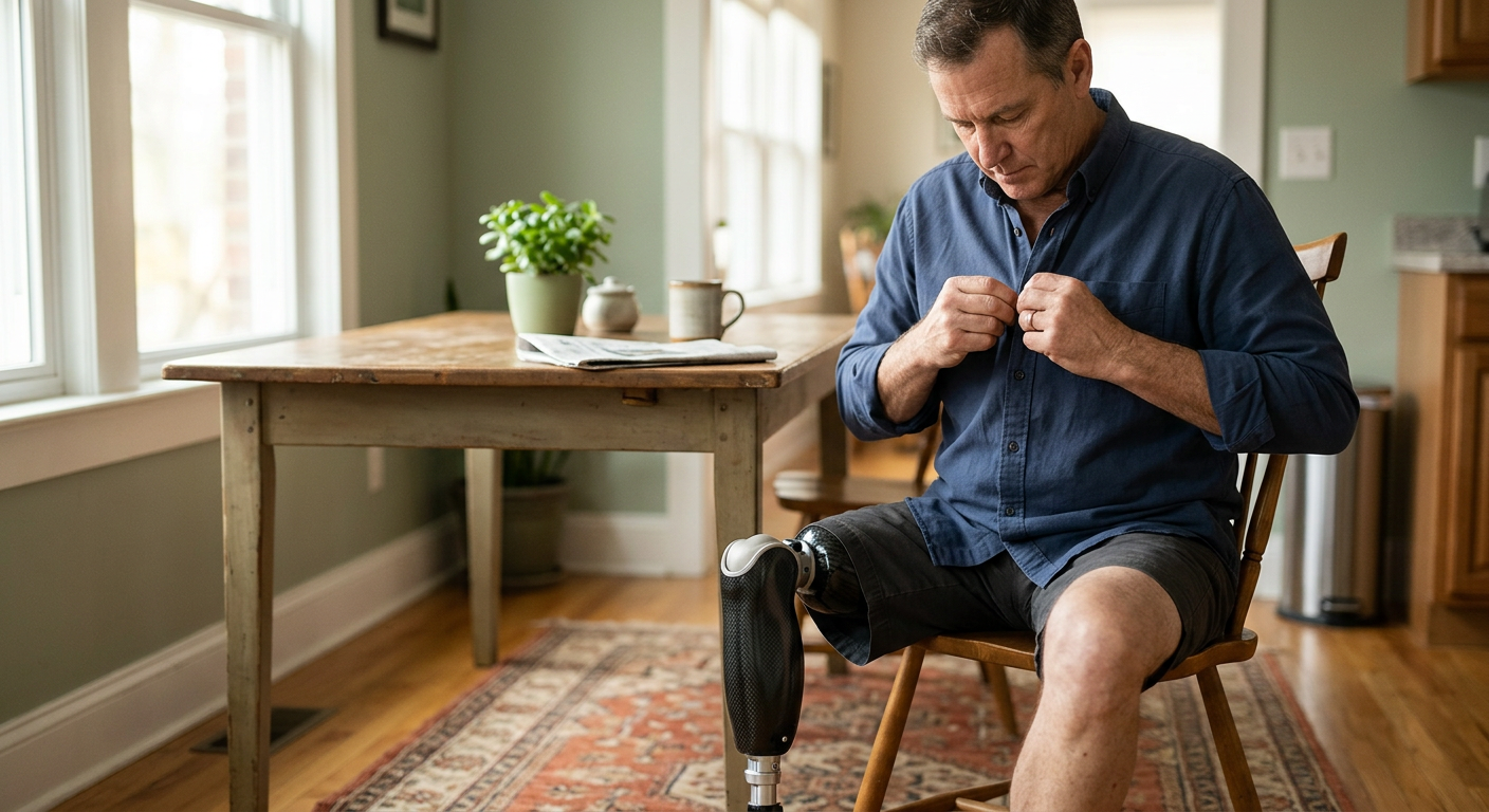 Person with a prosthetic leg practicing walking to regain daily independence after an amputation.