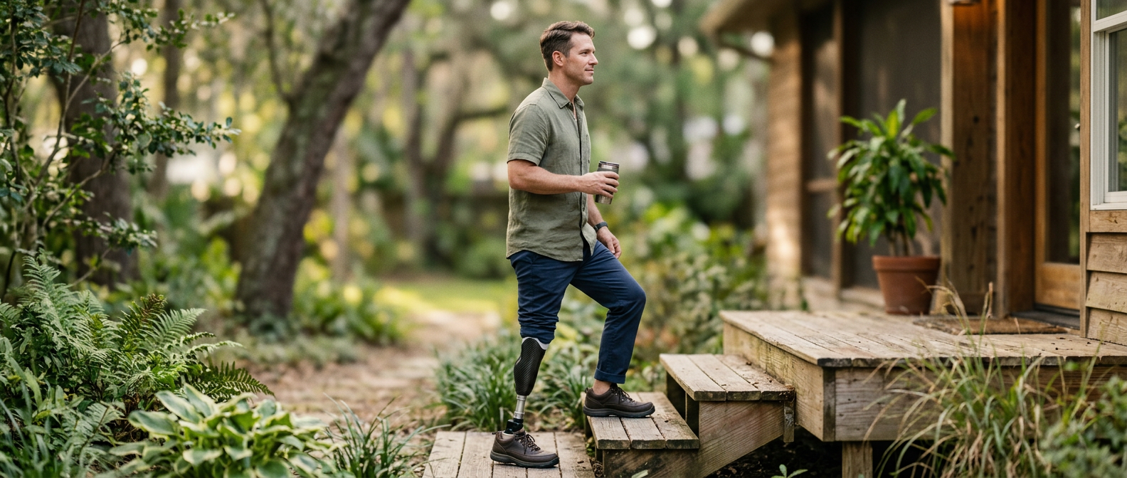 Person with a prosthetic leg practicing walking to regain daily independence after an amputation.