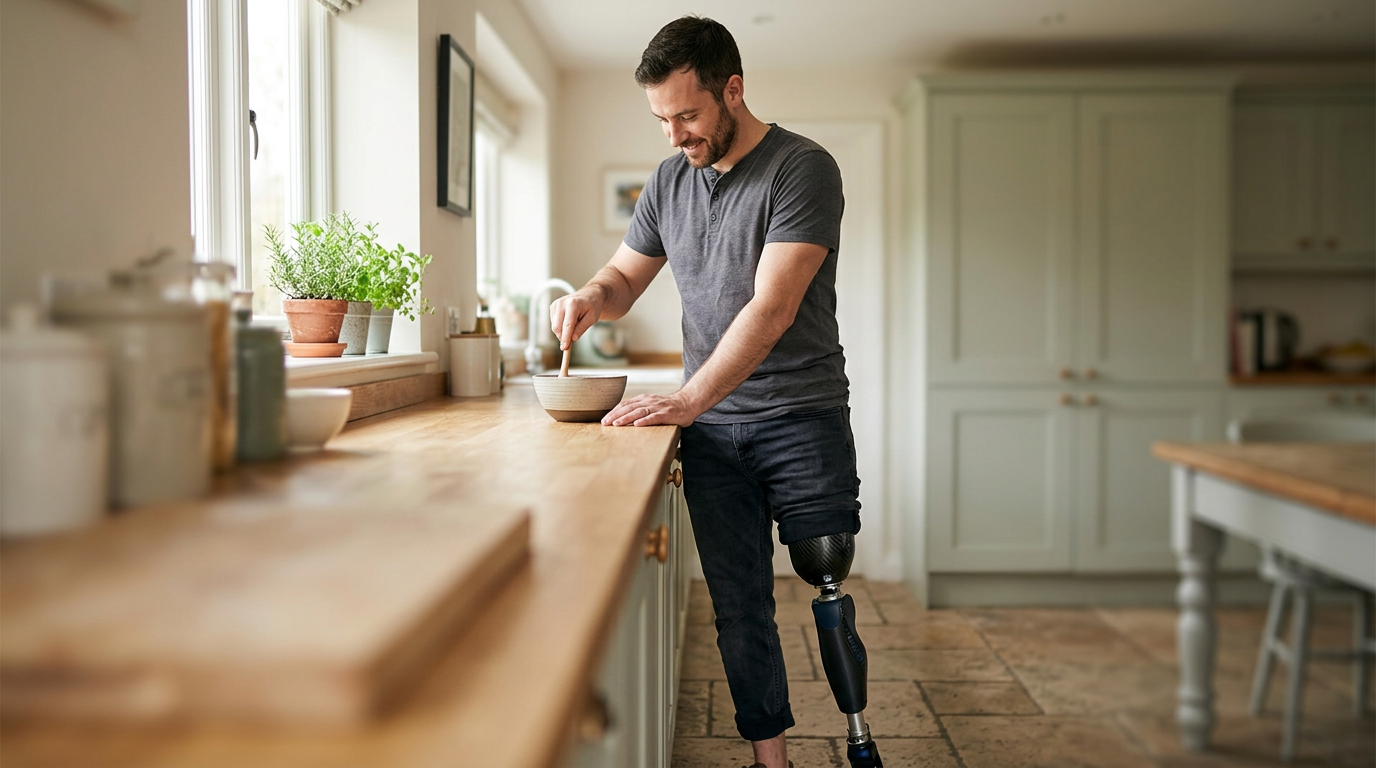 Person with a prosthetic leg standing and adjusting their balance while rebuilding daily independence.