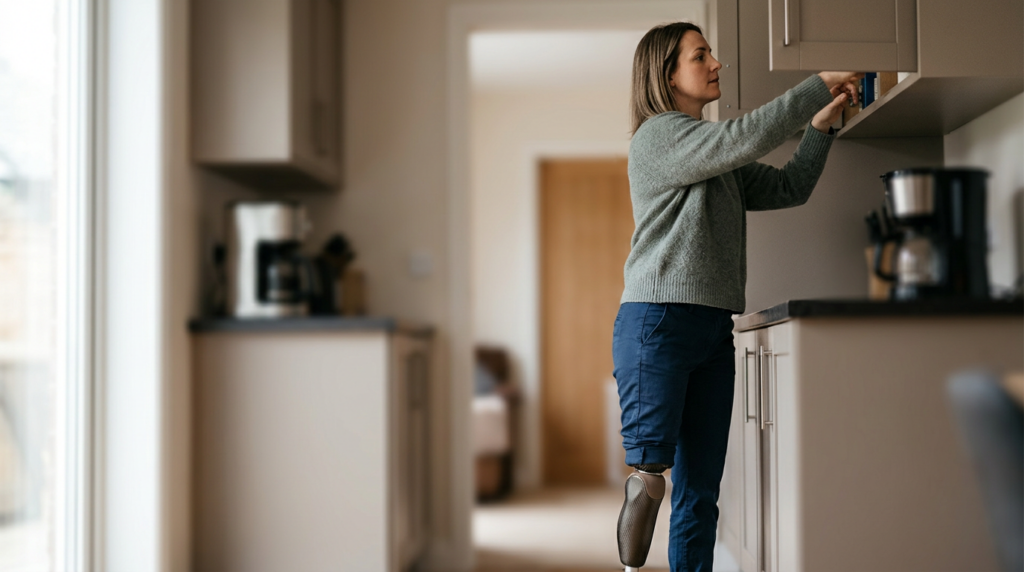 Person with a prosthetic leg standing at home, adapting to daily life after amputation.