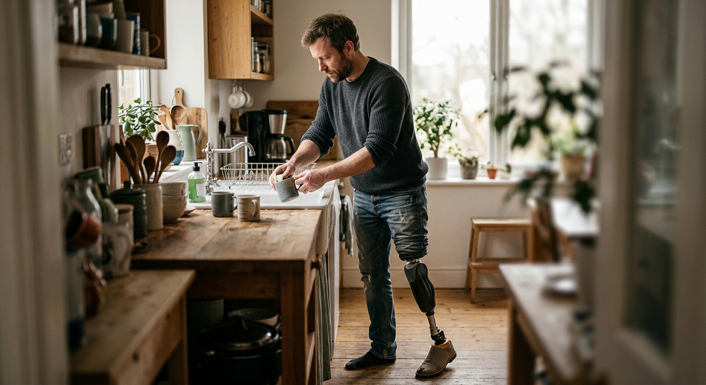 Person with a prosthetic leg walking independently outdoors after an amputation.