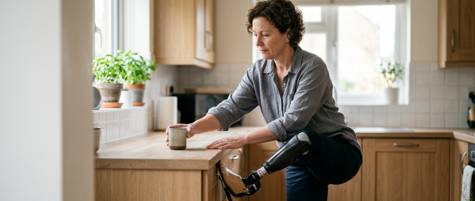 Person with a prosthetic leg walking to regain daily independence after an amputation.