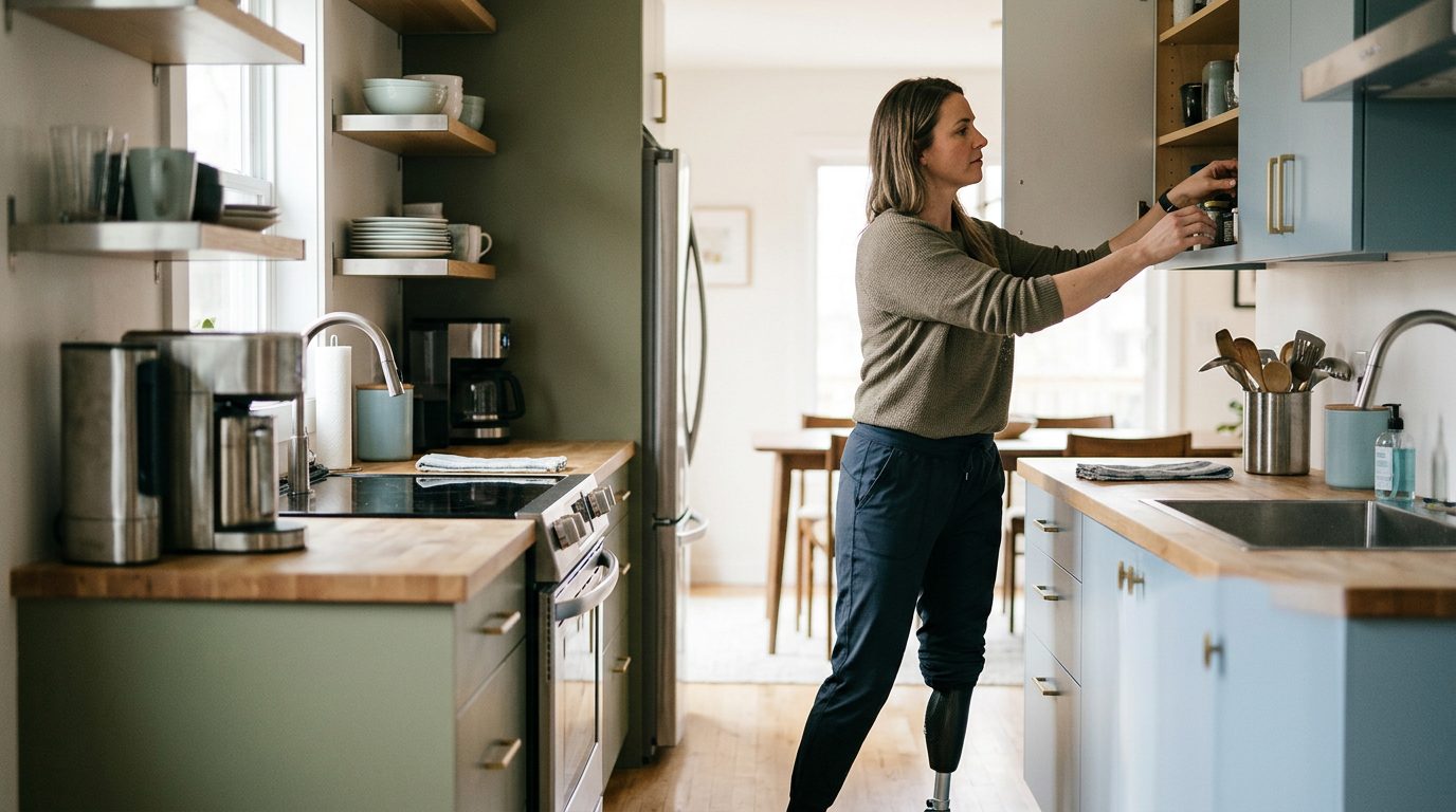 Person with prosthetic leg performing daily activity, demonstrating recovery after amputation.