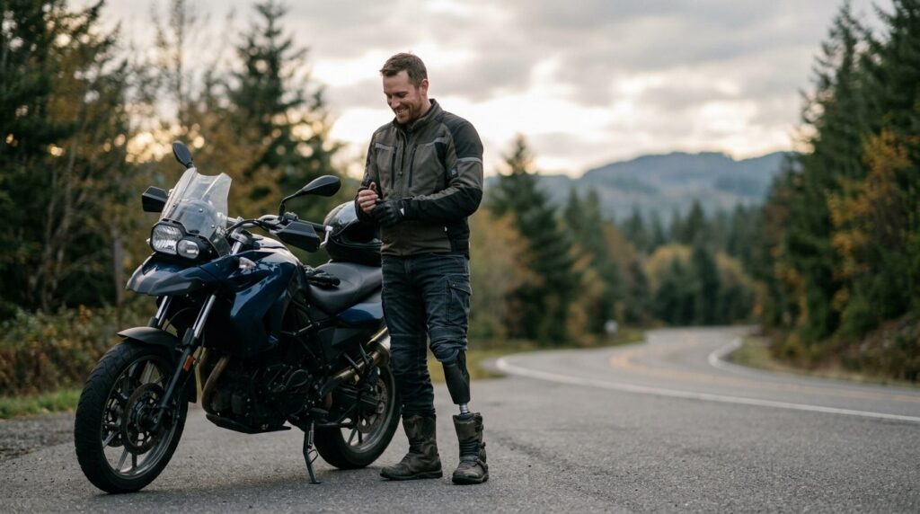 Person with prosthetic leg standing beside motorcycle after accident.