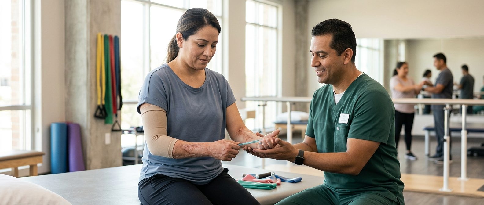 Persona con cicatrices de quemaduras en sesión de rehabilitación con profesional de salud.