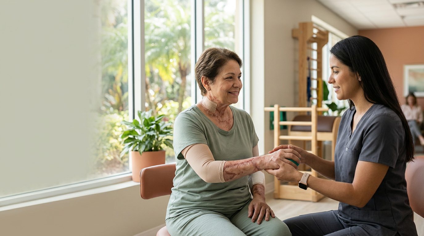 Persona con cicatrices de quemaduras en sesión de rehabilitación con profesional de salud.