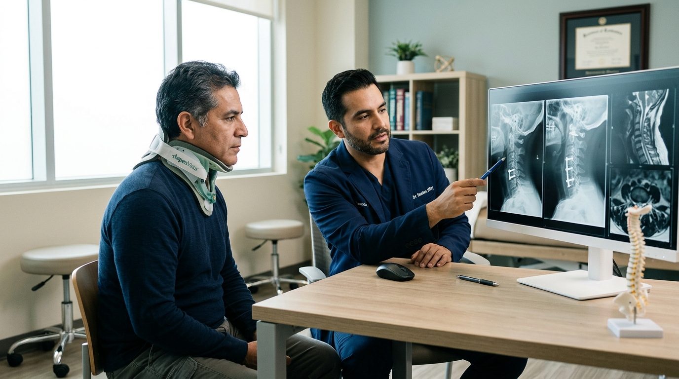 Persona con collarín cervical revisa radiografías de columna con cirujano en consultorio médico.