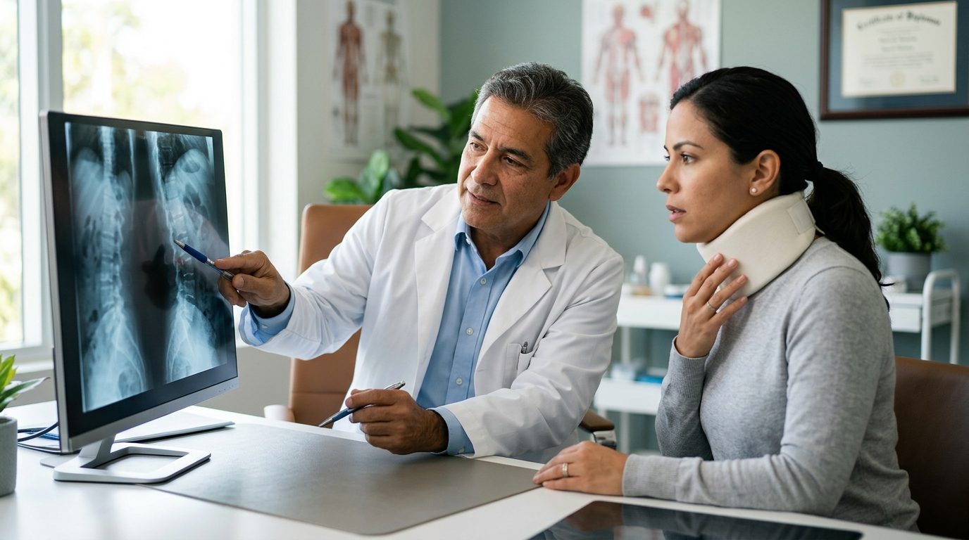 Persona con collarín cervical revisa radiografías de columna con cirujano en consultorio médico.