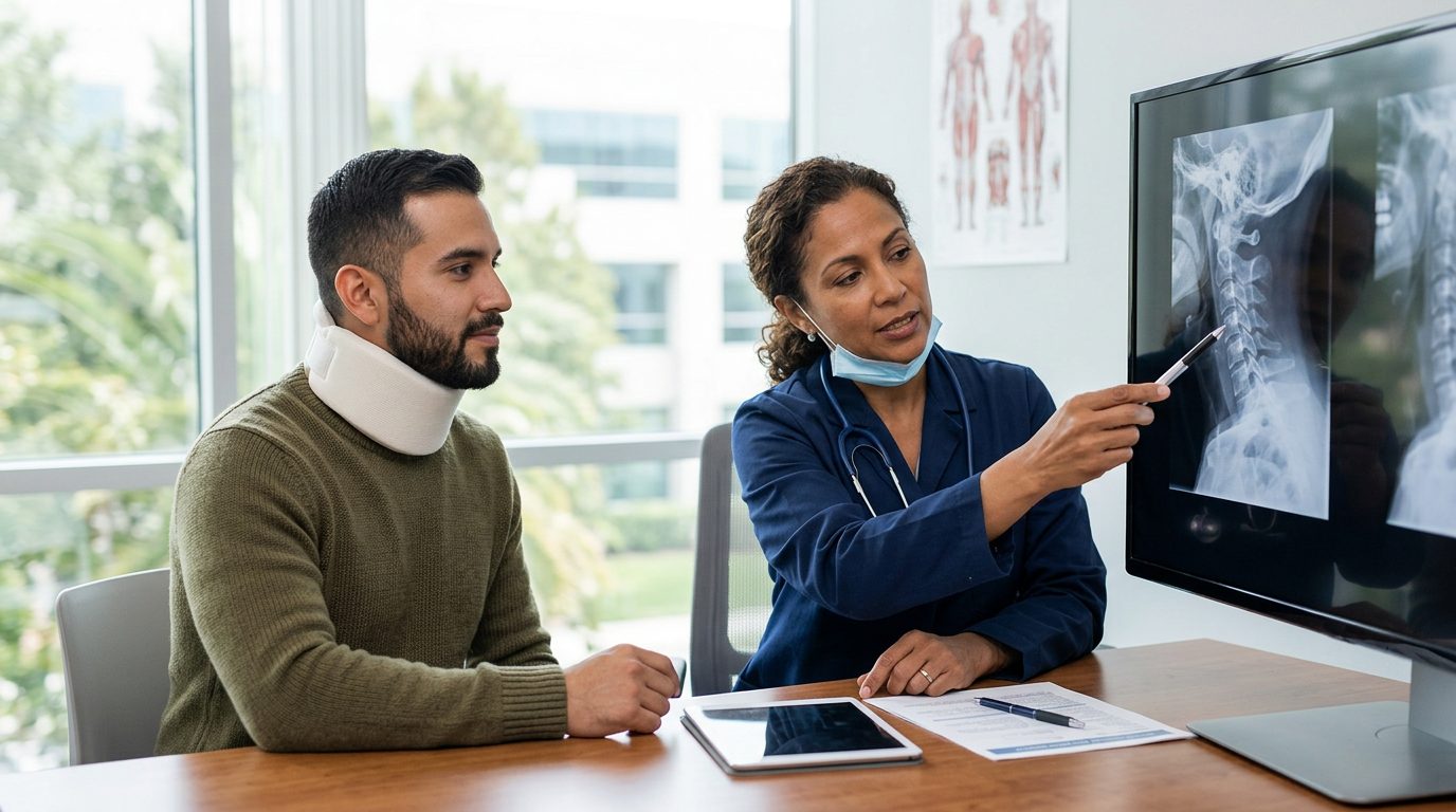 Persona con collarín cervical revisa radiografías de columna con cirujano en consulta médica.