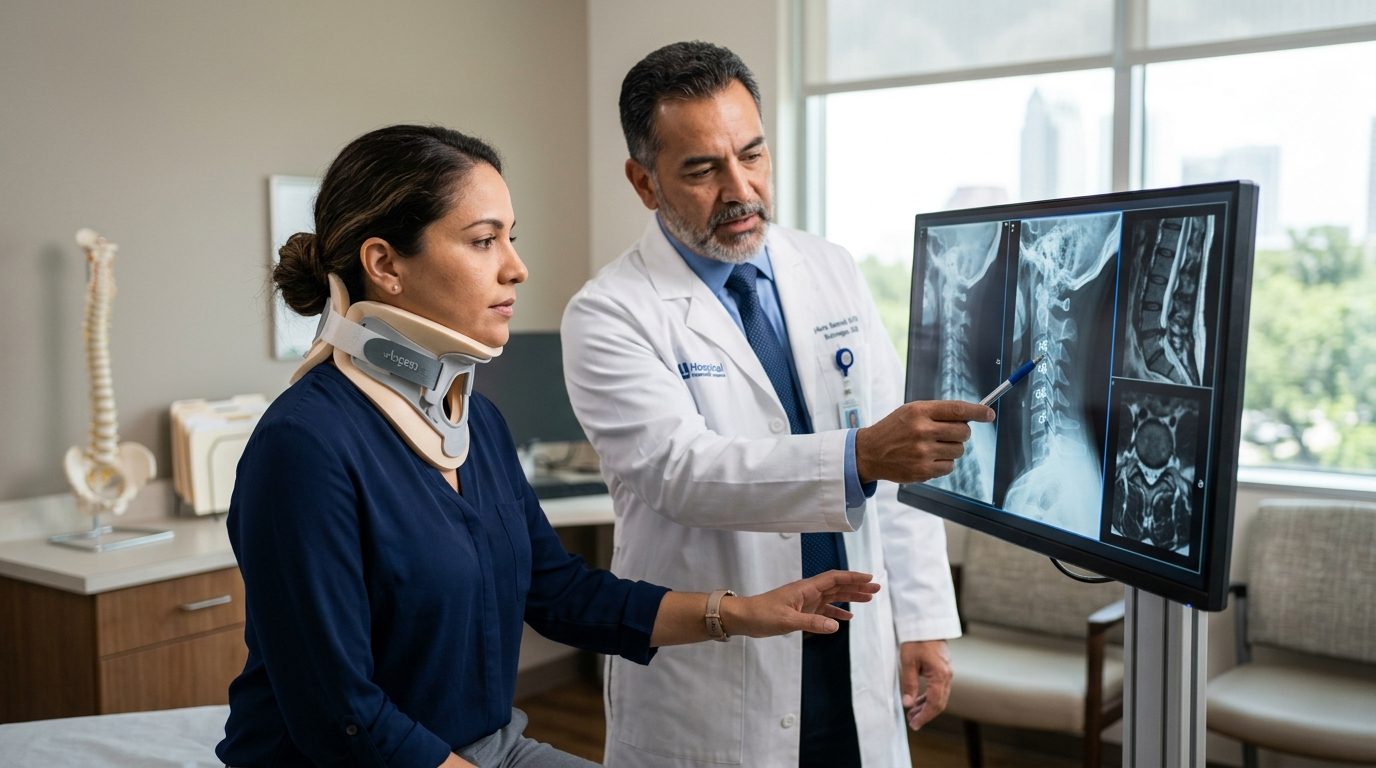 Persona con collarín cervical revisa radiografías de columna con cirujano en consulta médica.