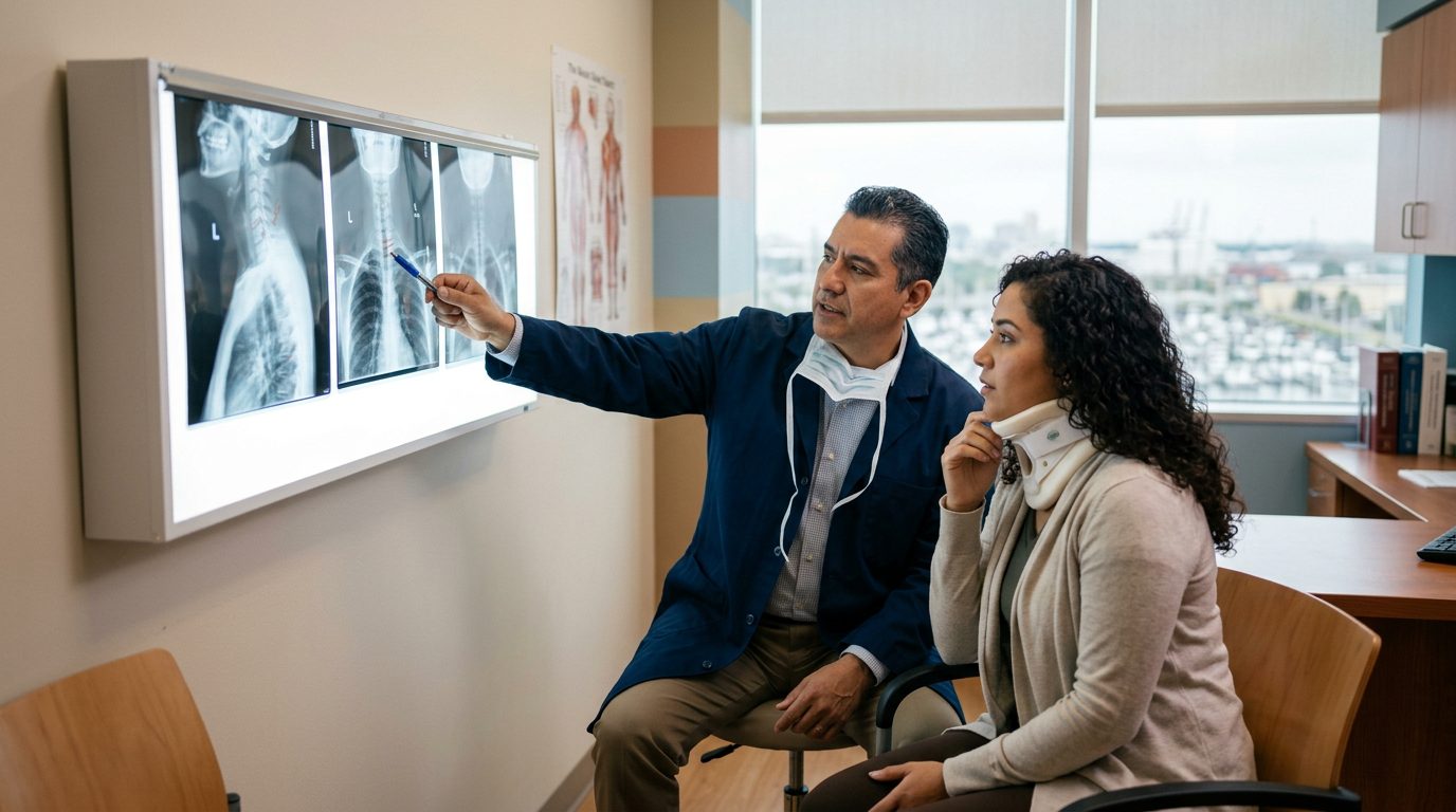 Persona con collarín cervical revisa radiografías de columna con cirujano en consultorio.