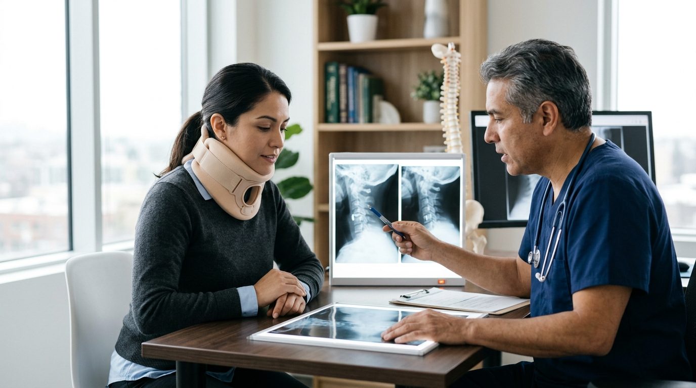 Persona con collarín cervical revisa radiografías de columna con cirujano en consulta médica.