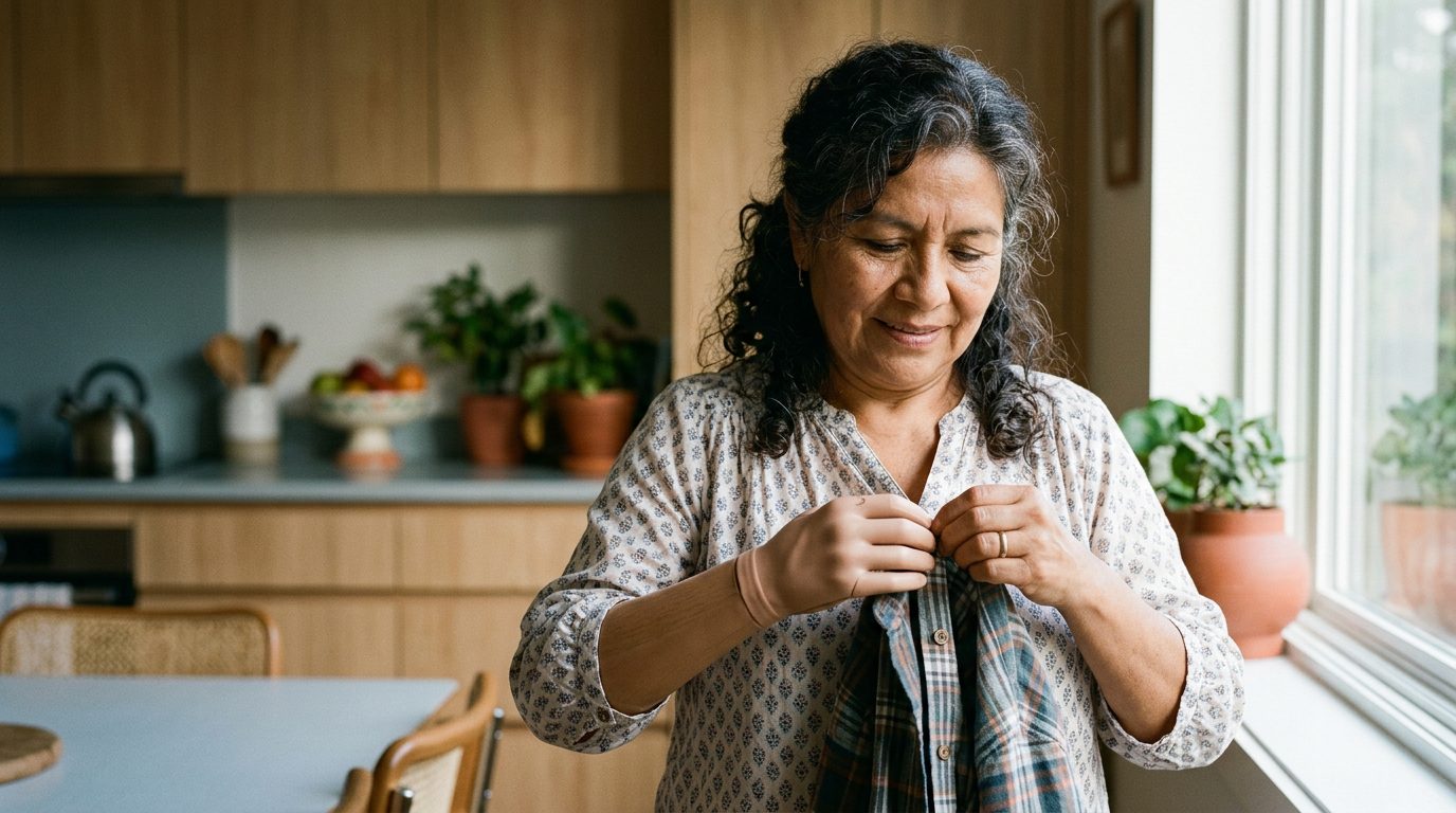 Persona con prótesis de brazo realizando actividades diarias después de amputación.