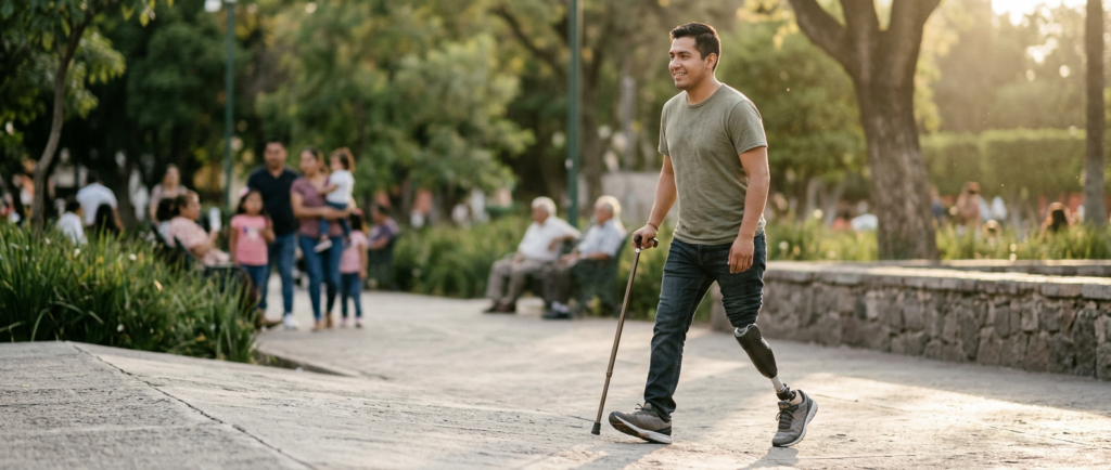 Persona con prótesis de pierna practicando movilidad cotidiana con confianza.