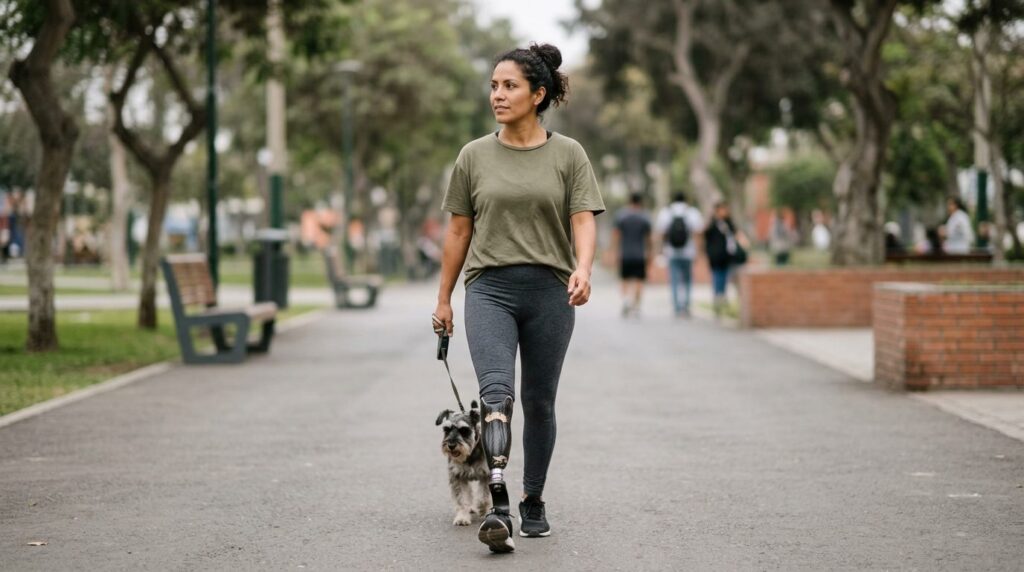 Persona con prótesis de pierna practicando movilidad diaria con confianza.