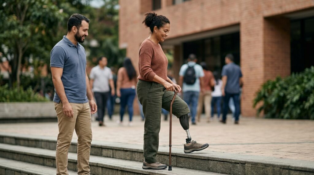 Persona con prótesis de pierna practicando su movilidad diaria con confianza.