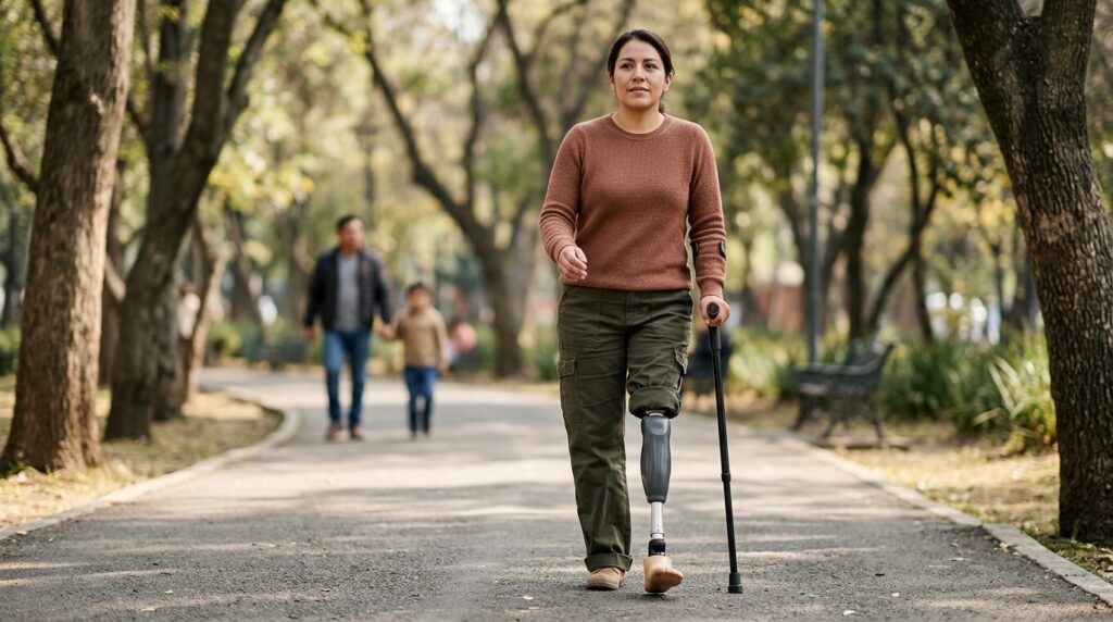Persona con prótesis de pierna practicando su movilidad diaria con confianza.