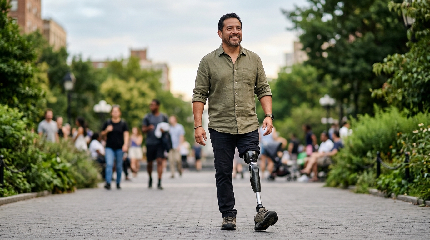 Persona con prótesis de pierna practicando su movilidad diaria con confianza.