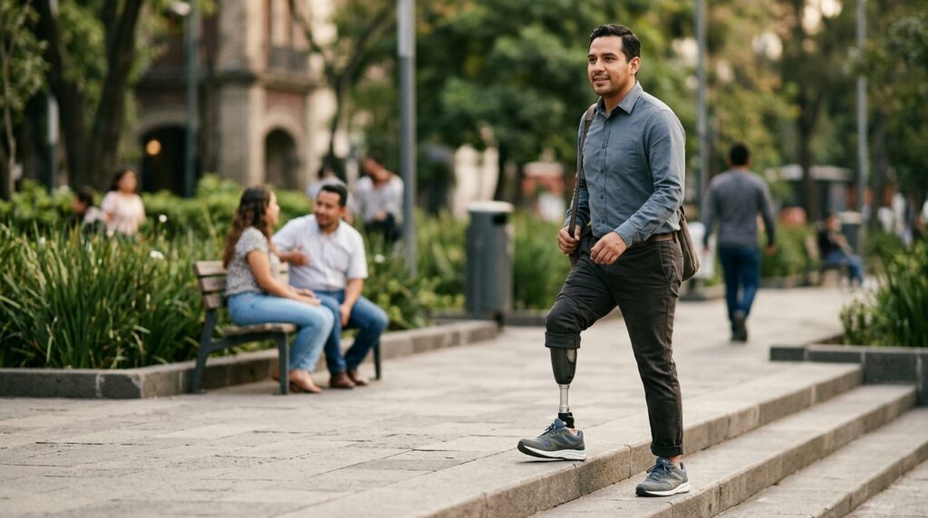 Persona con prótesis de pierna practicando su movilidad diaria con confianza.