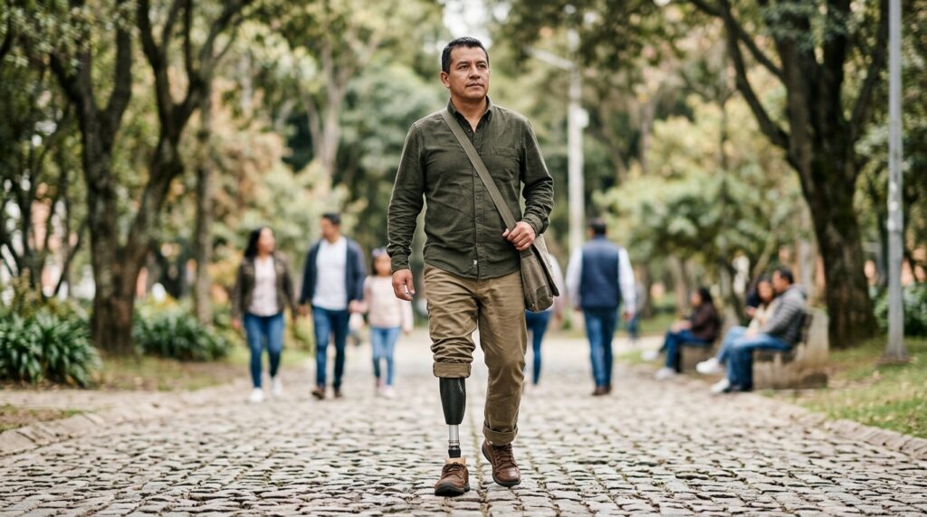 Persona con prótesis de pierna practicando su movilidad diaria con confianza.