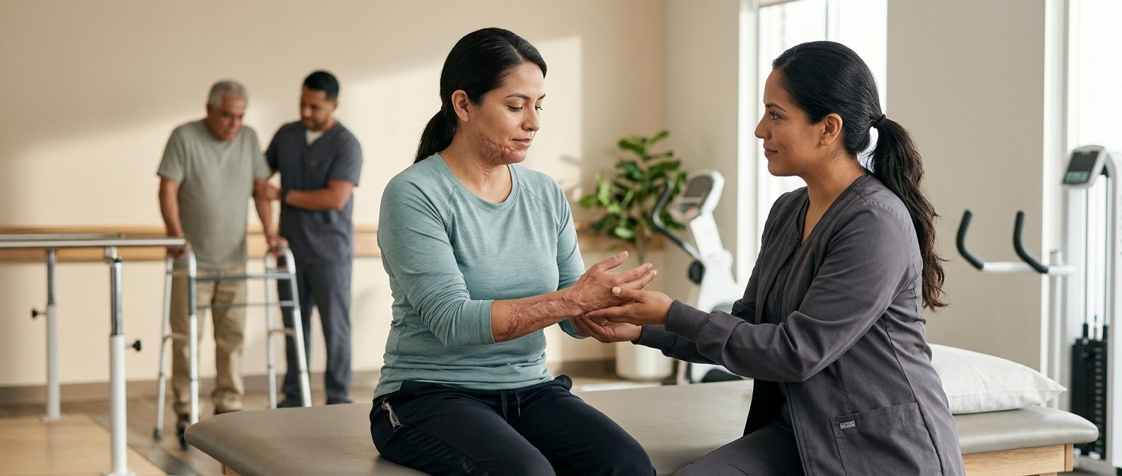 Persona en sesión de rehabilitación después de quemaduras, recibiendo tratamiento especializado.
