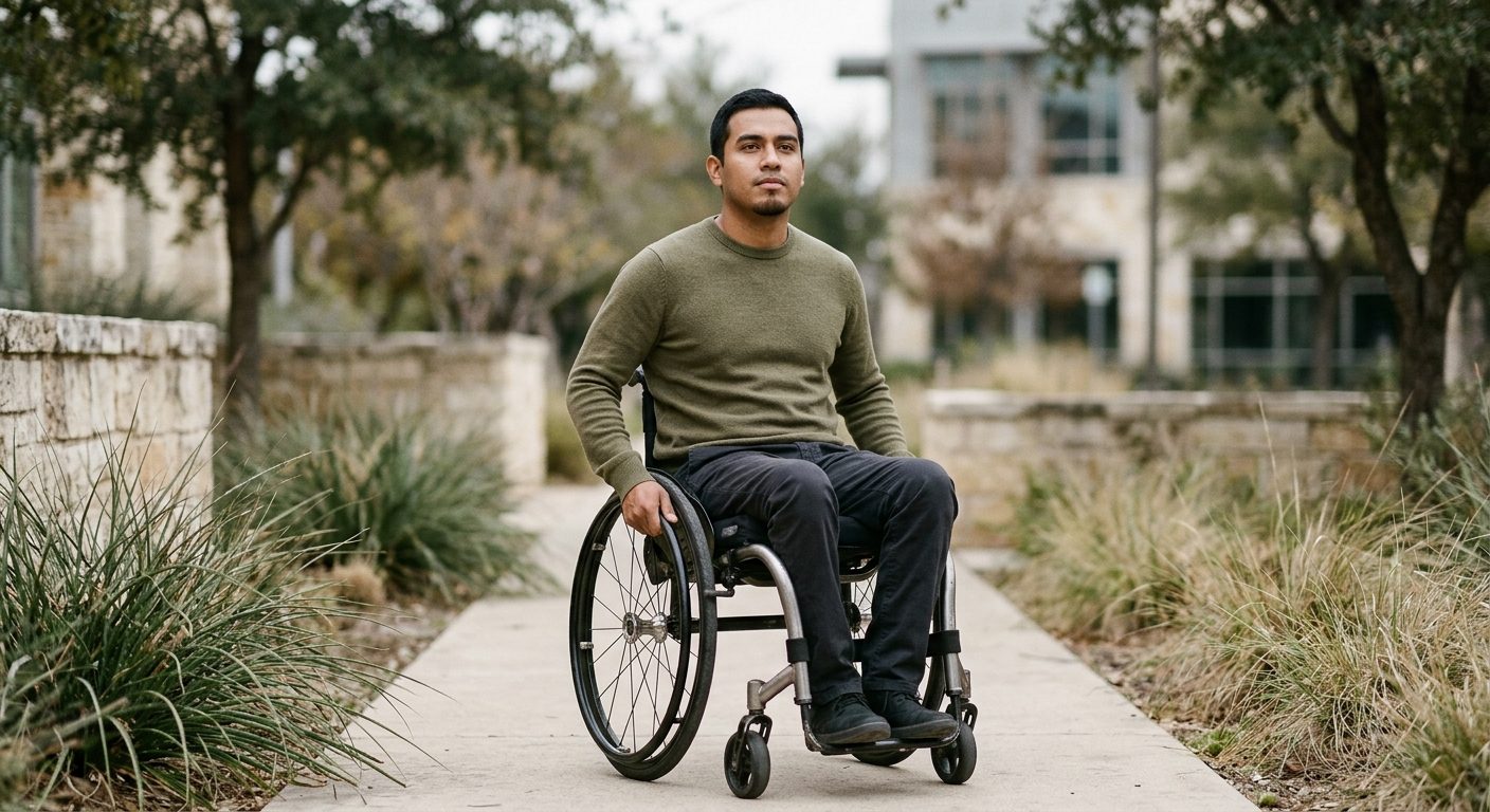 Persona en silla de ruedas con expresión de determinación tras lesión medular grave.