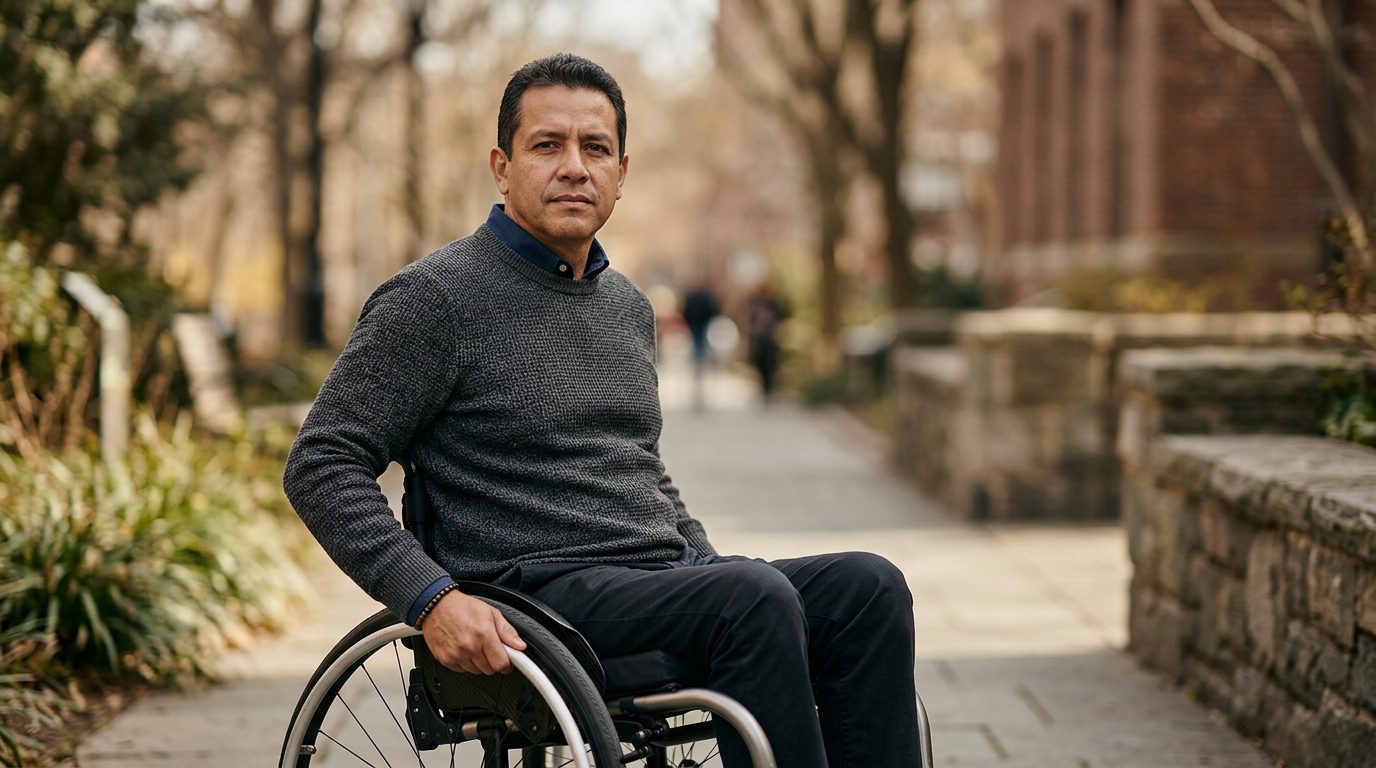 Persona en silla de ruedas con expresión de determinación tras lesión grave.
